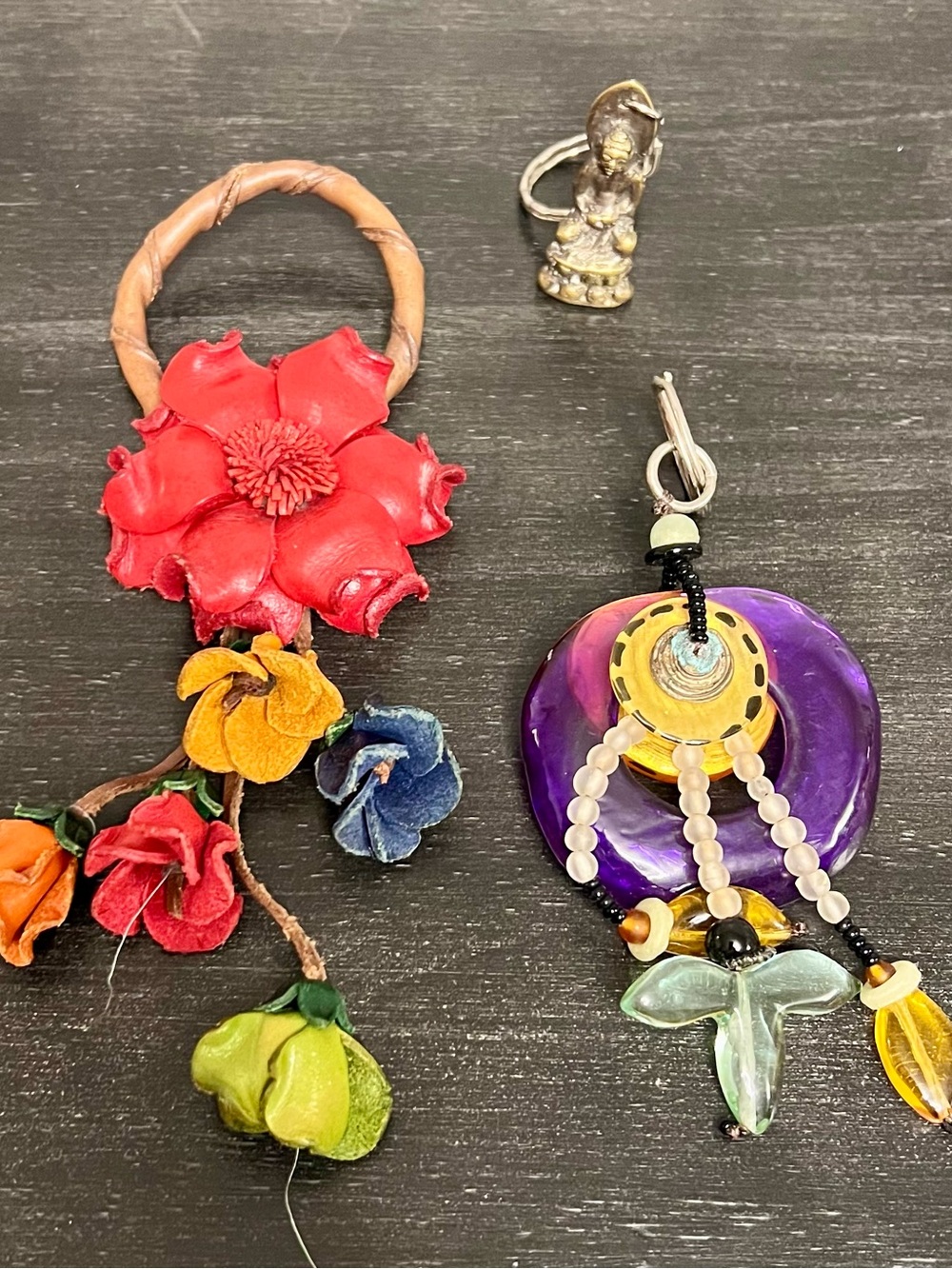 VTG Artisan Keychain/Purse Charm Leather Flowers Buddha & More Bohemian